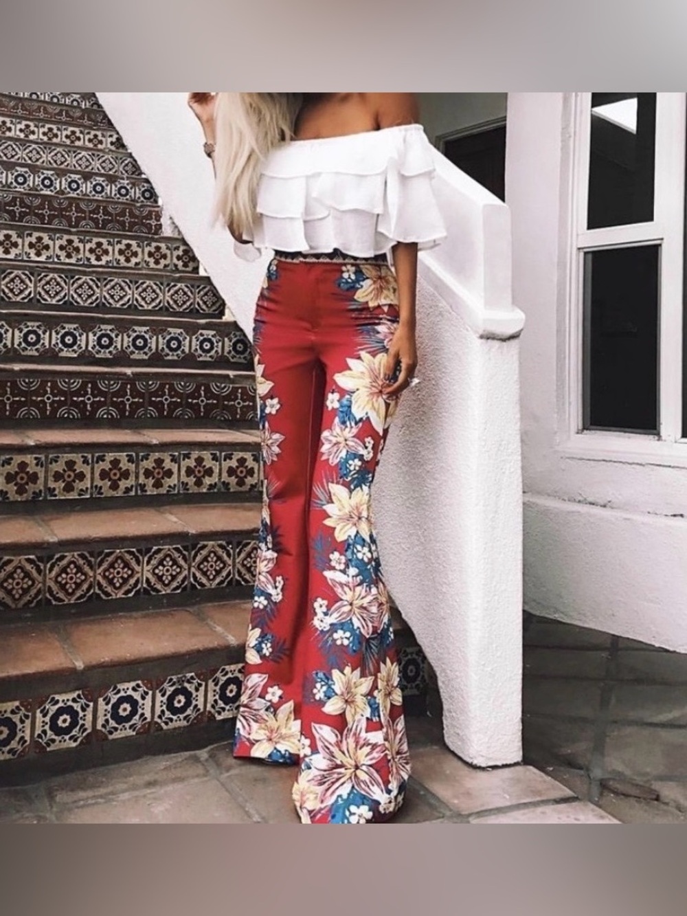 Jealous Tomato red floral flare pants with blue and white flowers size L